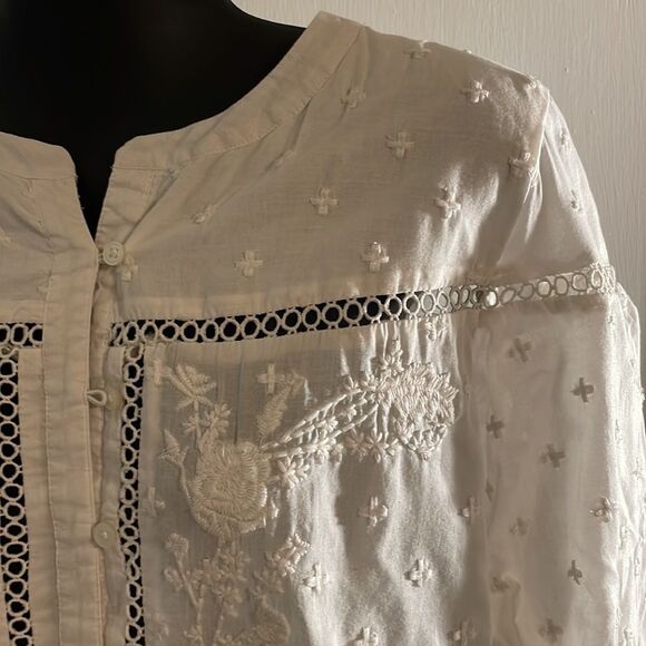 Small Loft white button down long sleeve 100% cotton floral embroidered blouse - Picture 4 of 16